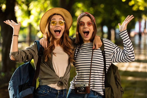 Image Excited Pretty Young Happy Women Friends Walking Outdoors Backpacks — Stock Photo, Image