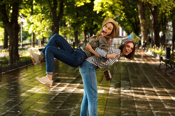 Image Excited Pretty Young Happy Women Friends Walking Outdoors Having — Stock Photo, Image