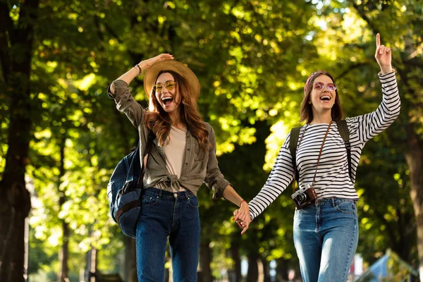 Image Excited Pretty Young Happy Women Friends Walking Outdoors Backpacks — Stock Photo, Image