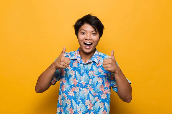 Imagem Jovem Asiático Emocional Posando Isolado Sobre Fundo Amarelo Mostrando — Fotografia de Stock