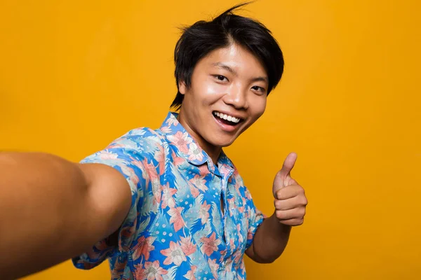 Image Happy Young Asian Man Posing Isolated Yellow Background Take — Stock Photo, Image