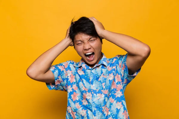 Image Screaming Emotional Young Asian Man Posing Isolated Yellow Background — Stock Photo, Image