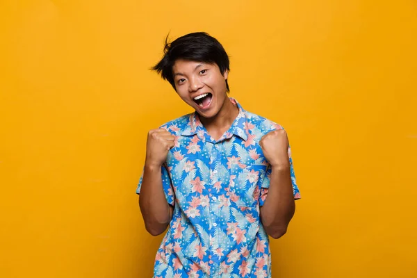 Image Excited Emotional Young Asian Man Posing Isolated Yellow Background — Stock Photo, Image