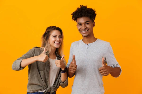 Image Happy Cute Young Loving Couple Posing Isolated Yellow Background — Stock Photo, Image