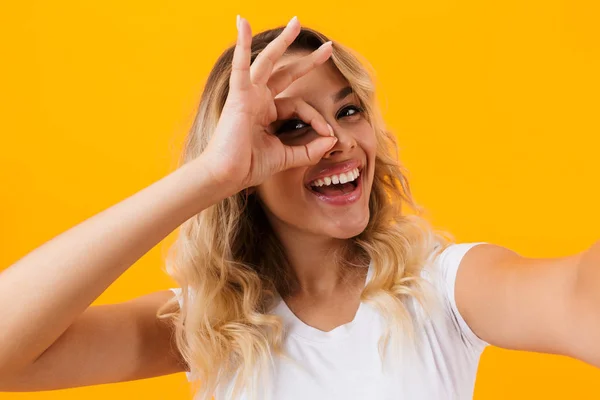 Image Caucasian Blond Woman Smiling Taking Selfie Photo Isolated Yellow — Stock Photo, Image