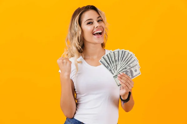 Photo Charming Woman Basic Clothing Holding Fan Dollar Money Isolated — Stock Photo, Image