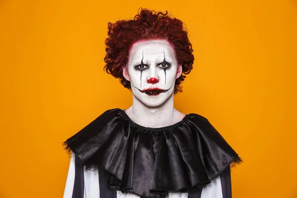 Sad Clown Man 20S Wearing Black Costume Halloween Makeup Looking — Stock Photo, Image