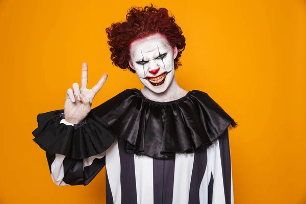 Frightening Clown Man 20S Wearing Black Costume Halloween Makeup Looking — Stock Photo, Image