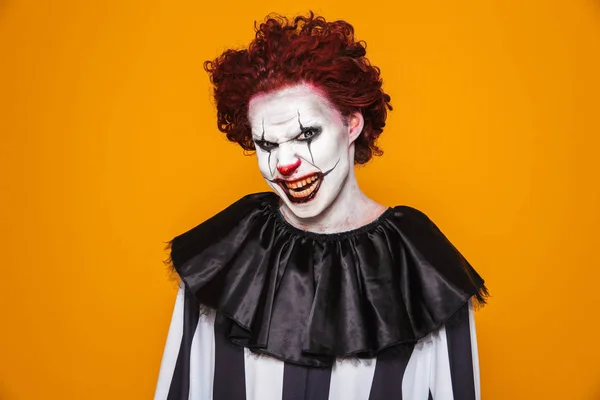 Irritated Clown Man 20S Wearing Black Costume Halloween Makeup Looking — Stock Photo, Image