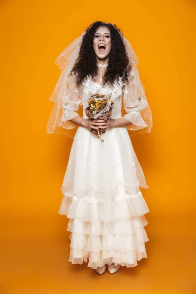 Celovečerní Podoba Krásná Nevěsta Zombie Halloween Sobě Svatební Šaty Strašidelný — Stock fotografie