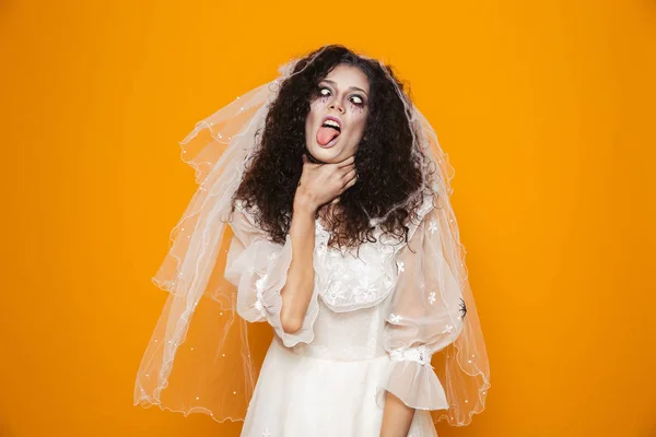 Bild Der Toten Braut Zombie Auf Halloween Trägt Hochzeitskleid Und — Stockfoto