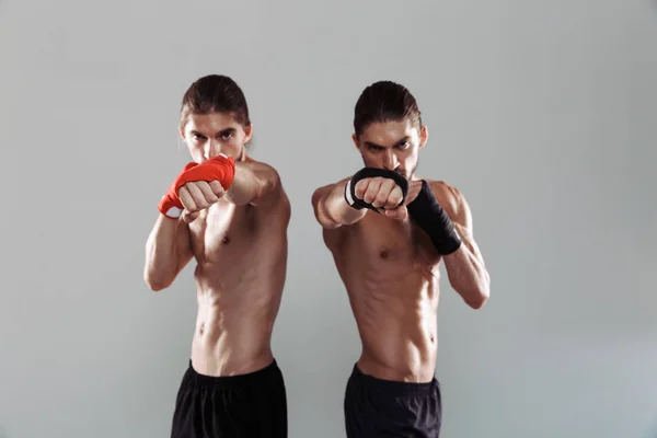 Portrait Deux Frères Jumeaux Torse Musclé Isolés Sur Fond Gris — Photo