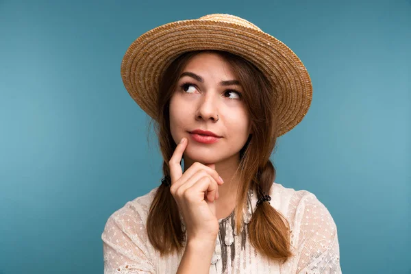 Portrait Young Pensive Girl Summer Hat Isolated Blue Background Looking — Stock Photo, Image