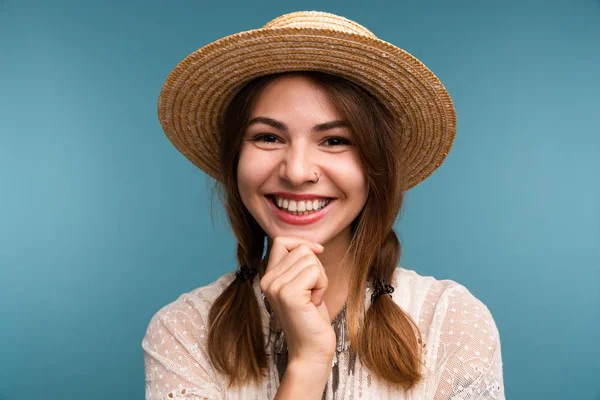 Portrait Young Happy Girl Summer Hat Isolated Blue Background Looking — Stock Photo, Image