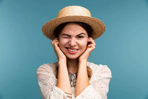Portrait Young Annoyed Girl Summer Hat Isolated Blue Background Covers — Stock Photo, Image