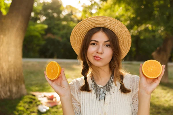 Close Cute Young Girl Summer Hat Spending Time Park Showing — Stock Photo, Image