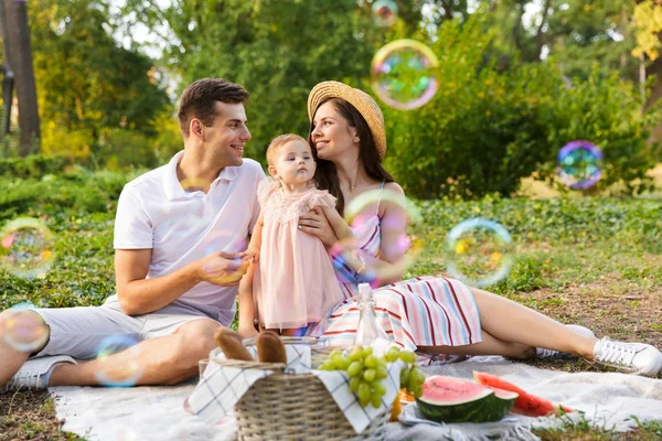 Positive Young Family Little Baby Girl Spending Time Together Park — Stock Photo, Image