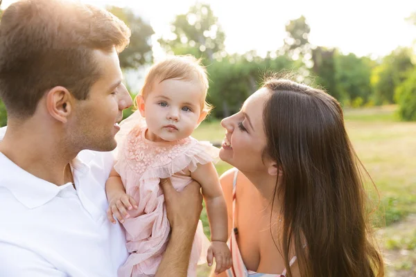 Positive Young Family Little Baby Girl Spending Time Together Park — Stock Photo, Image