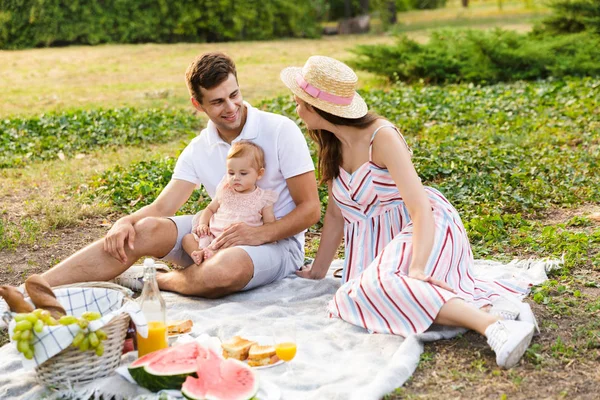 Joyful Young Family Little Baby Girl Spending Time Together Park — Stock Photo, Image