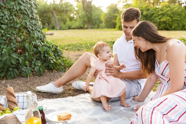 Positive Young Family Little Baby Girl Spending Time Together Park — Stock Photo, Image