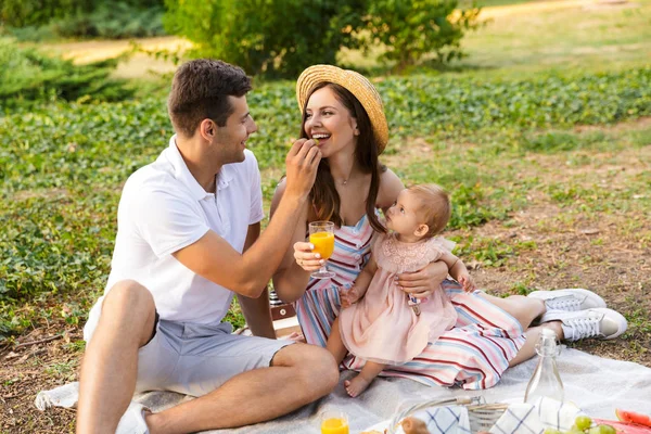 Cheerful Young Family Little Baby Girl Spending Time Together Park — Stock Photo, Image