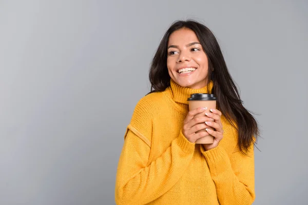 Porträt Einer Lächelnden Jungen Frau Pullover Mit Einer Kaffeetasse Zum — Stockfoto