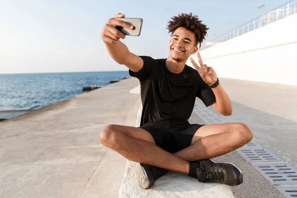 Happy Young African Sportsman Beach Taking Selfie — Stock Photo, Image