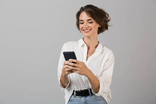 Imagem Jovem Mulher Negócios Feliz Posando Isolado Sobre Fundo Parede — Fotografia de Stock