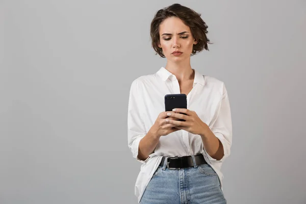 Imagen Pensar Confundida Joven Mujer Negocios Posando Aislada Sobre Fondo —  Fotos de Stock