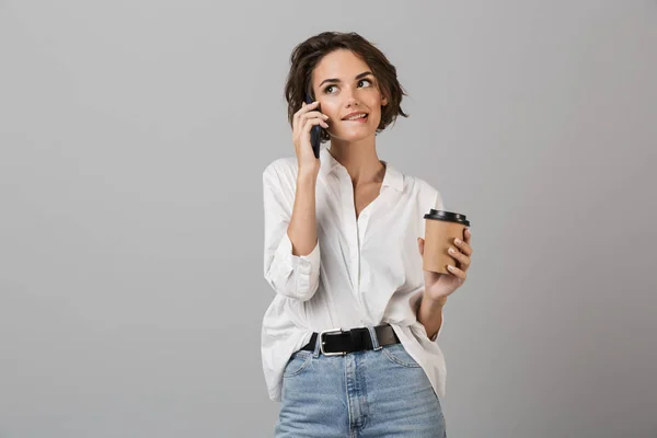 Imagem Feliz Jovem Empresária Posando Isolado Sobre Fundo Parede Cinza — Fotografia de Stock