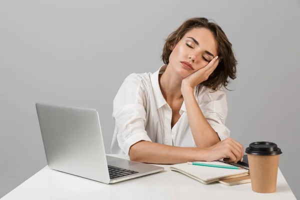 Photo Une Jeune Femme Fatiguée Qui Ennuie Assise Table Isolée — Photo