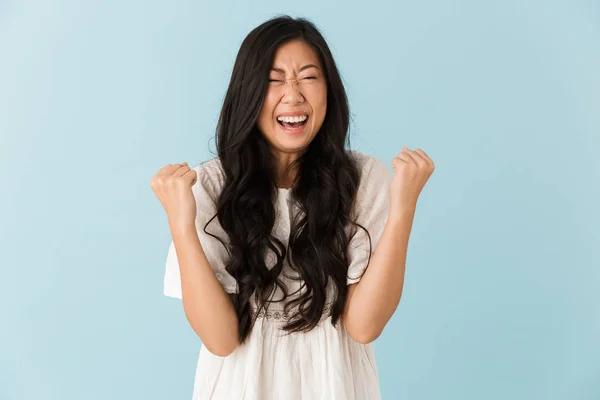 Kazanan Jest Yapmak Imge Mutlu Genç Asyalı Güzel Kadın Mavi — Stok fotoğraf