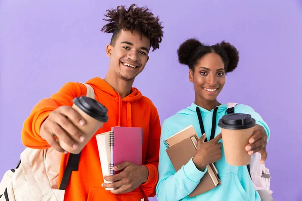 Foto Belo Homem Mulher Afro Americanos Usando Mochilas Segurando Cadernos — Fotografia de Stock