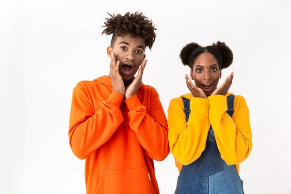 Image Excited African American Couple Colorful Clothes Screaming Touching Cheeks — Stock Photo, Image