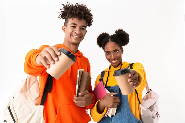 Foto Estudantes Afro Americanos Alegres Usando Mochilas Segurando Cadernos Isolados — Fotografia de Stock