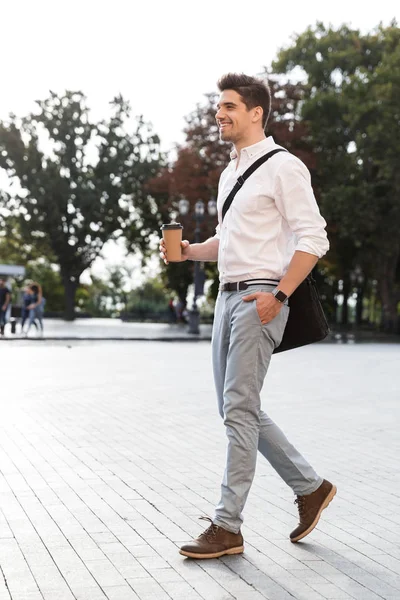 Confident Businessman Dressed Shirt Walking Outdoors City Street Holding Takeaway — Stock Photo, Image