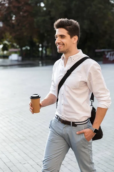 Positive Businessman Dressed Shirt Walking Outdoors City Street Holding Takeaway — Stock Photo, Image