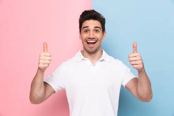 Image Young Man 30S Having Stubble Showing Thumbs Happy Smile — Stock Photo, Image