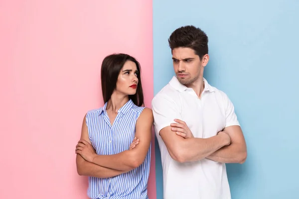 Photo Resentful Man Woman Casual Clothes Standing Arms Folded Quarrel — Stock Fotó