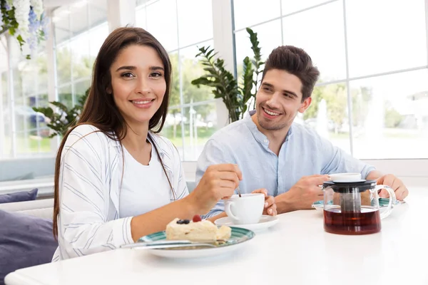 Image Amazing Young Loving Couple Sitting Cafe Eat Desserts Drinking — Stock Photo, Image