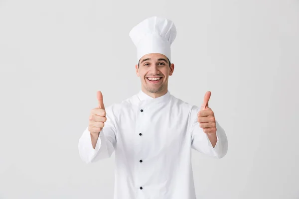 Imagem Belo Jovem Chef Animado Dentro Casa Isolado Sobre Fundo — Fotografia de Stock