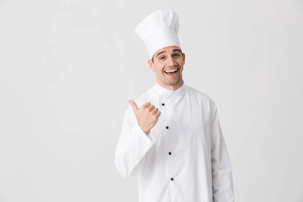 Image Handsome Excited Young Man Chef Indoors Isolated White Wall — Stock Photo, Image