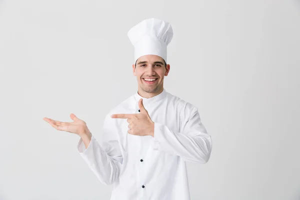 Immagine Bel Giovane Chef Eccitato Chiuso Isolato Sfondo Bianco Parete — Foto Stock