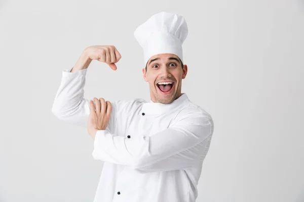 Image Handsome Excited Young Man Chef Indoors Isolated White Wall — Stock Photo, Image