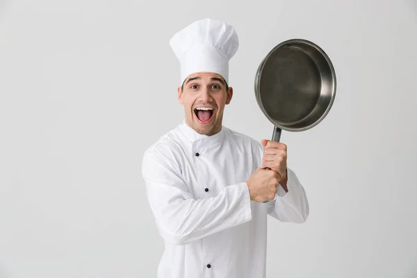 Imagem Jovem Chef Emocional Animado Dentro Casa Isolado Sobre Fundo — Fotografia de Stock