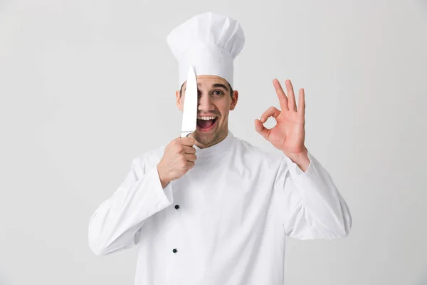 Photo Emotional Young Man Chef Indoors Isolated White Wall Background — Stock Photo, Image