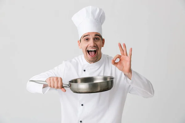 Image Excited Emotional Young Man Chef Indoors Isolated White Wall — Stock Photo, Image