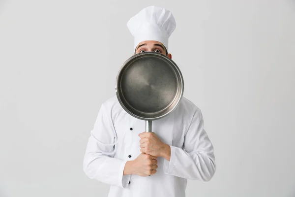 Image Excited Emotional Young Man Chef Indoors Isolated White Wall — Stock Photo, Image