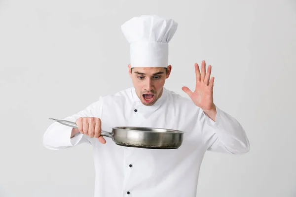 Imagem Jovem Chef Emocional Animado Dentro Casa Isolado Sobre Fundo — Fotografia de Stock