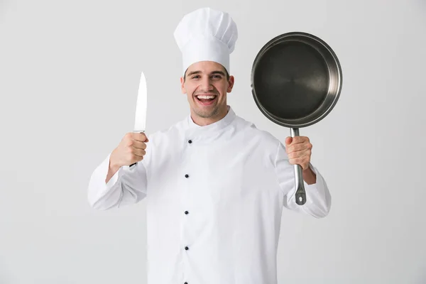 Image Excited Emotional Young Man Chef Indoors Isolated White Wall — Stock Photo, Image